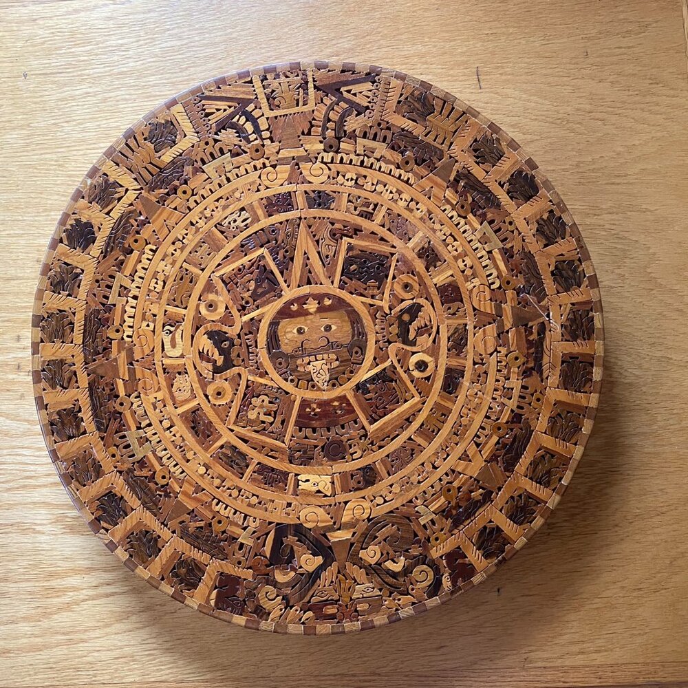 Vintage Alfonso Jurado e Hijos Wood Aztec Calendar Cuaxhicalli Mexico Art